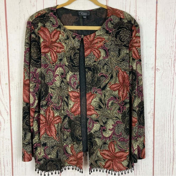 Dressbarn Size 18 20 Beaded Fringe Cardigan Black Floral Glitter Textured Slinky - Picture 4 of 13